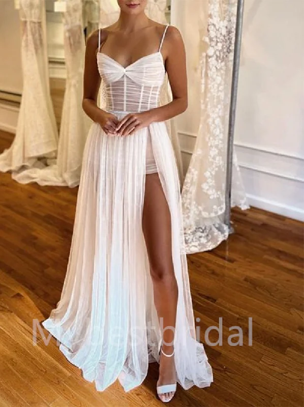 Sexy Sweetheart Spaghetti straps Side slit A-line Wedding Dresses, WDY0207 Beautiful Lace Gown