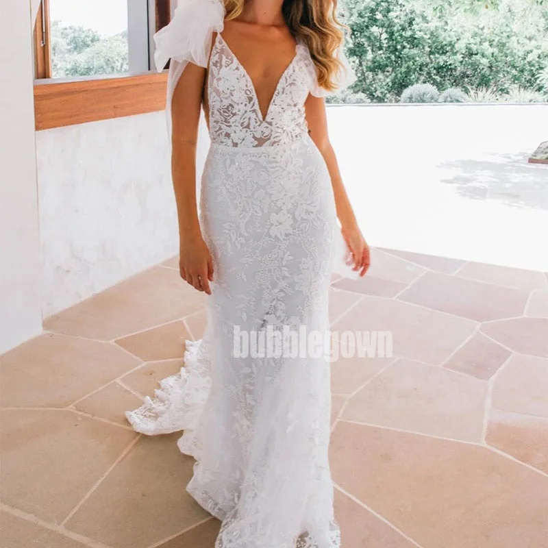 Sexy V-neck Mermaid Applique Lace Bridal Long Wedding Dresses, BGH013 Mermaid Style Gown