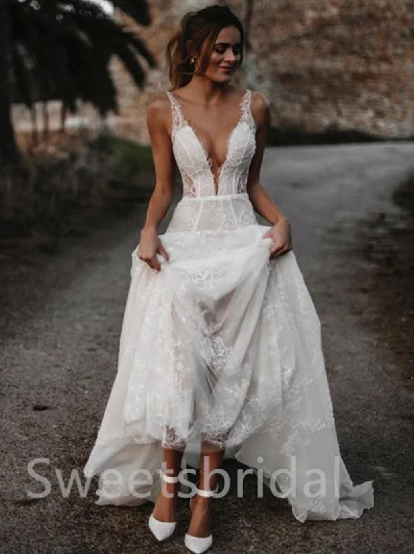 Sexy V-neck Spaghetti straps Sweetheart A-line Lace applique Wedding Dresses, DB0193 Sheer Wedding Dress