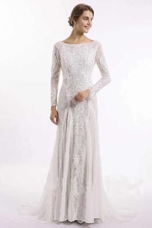 Sheath Long Sleeve Ivory Lace Wedding Dresses See Through Backless Boho Bridal Dresses W1063 Chic Wedding Gown