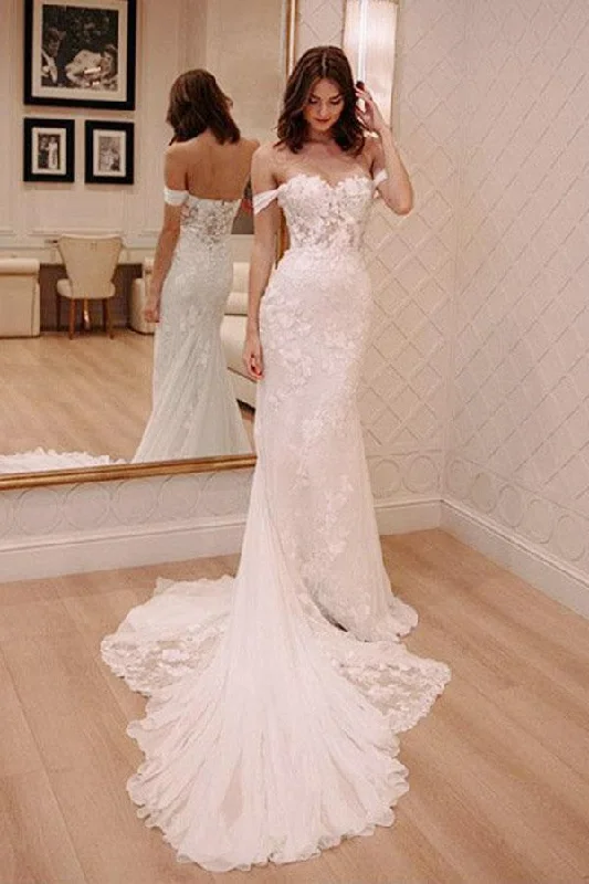 Sheath Off-the-Shoulder White Mermaid Chiffon Lace Appliques Beach Wedding Dresses WK328 Lace Wedding Dress