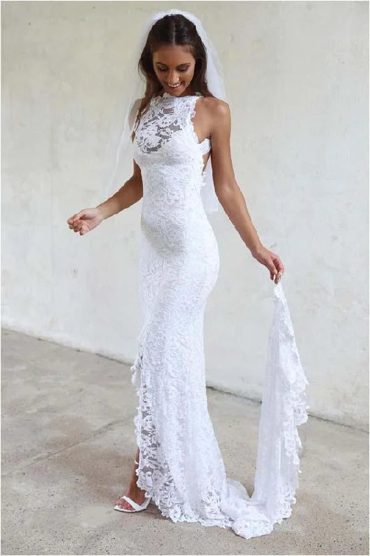 Sheath White Mermaid Round Neck Sweep Train Open Back Lace Wedding Dress with Split WK26 Sleeveless Wedding Dress