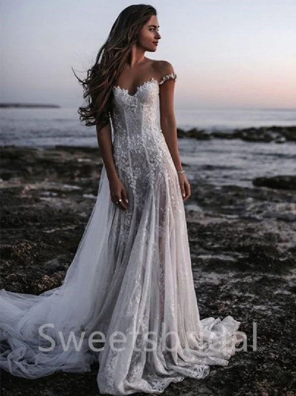 Simple Off-shoulder Sweetheart Mermaid Lace applique Wedding Dresses,DB0192 Long Sleeve Gown