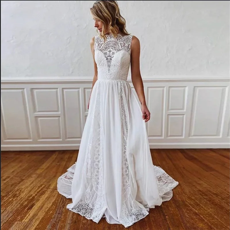 Sleeveless Lace Wedding Dress A-Line Boho Bridal Beach Gown Chic Wedding Gown