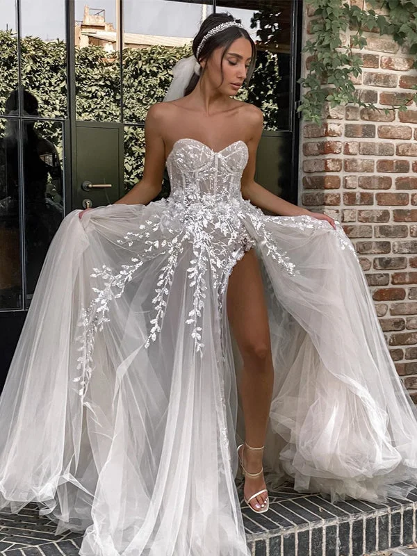 Sweetheart Sleeveless Lace Appliqued Side Slit Long Cheap Wedding Dresses, WDS0065 Lace A-line Dress