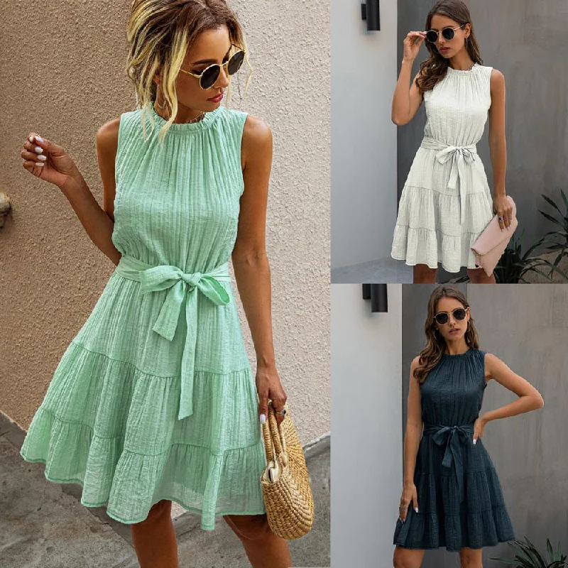 Awakecrm New Summer Women O-Neck Solid Sleeveless Sashes Midi Dress Sexy Fashion Casual Loose Draped Elegant Female White Princess Dress Ruffled midi dresses