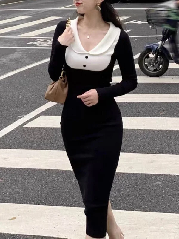 Joskka Vintage Elegant Knitted Dress Women Bodycon Black Korean Chic Midi Dress Female Long Sleeve Evening Party Dress Fall Outfits Forever 21 midi dresses