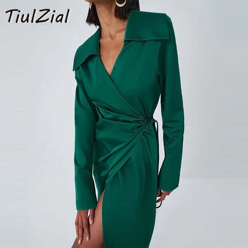 Awakecrm Green Long Sleeve Satin Wrap Midi Dress  Nothed Lace Up Bandage Club Party Dress High Waist Vintage Shirt Dresses Tiered midi dresses