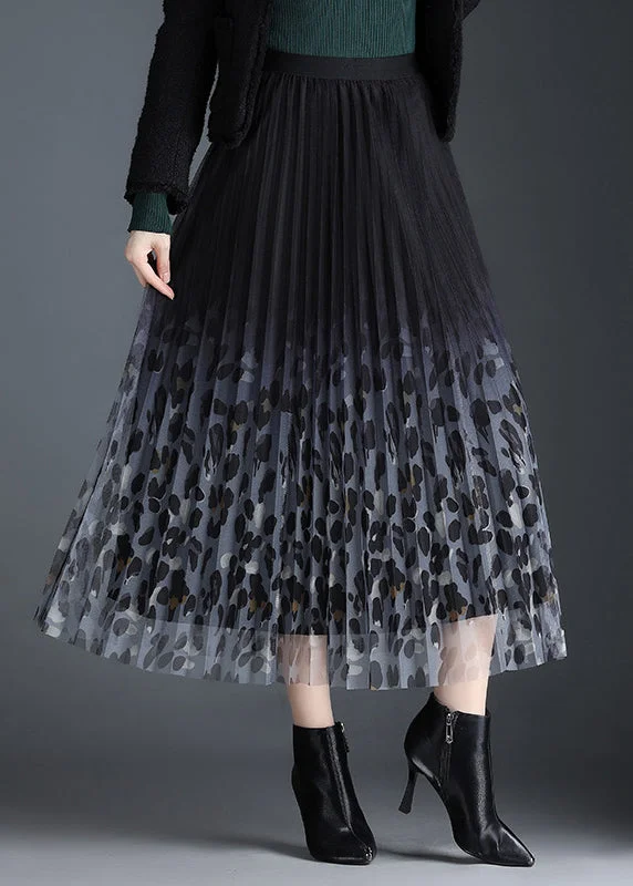 Beautiful Black Tulle Print Pleated Fall Skirt Boho unclassified skirts