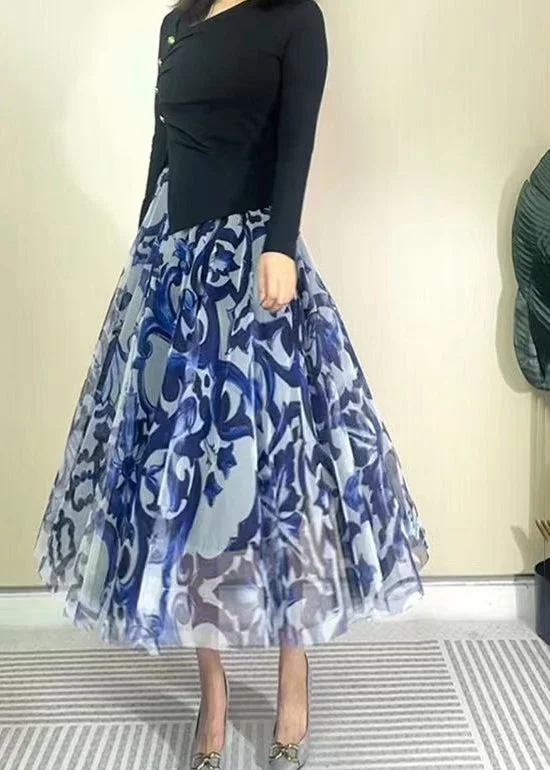 Beautiful Blue High Waist Print Wrinkled Tulle Skirt Spring Formal unclassified skirts