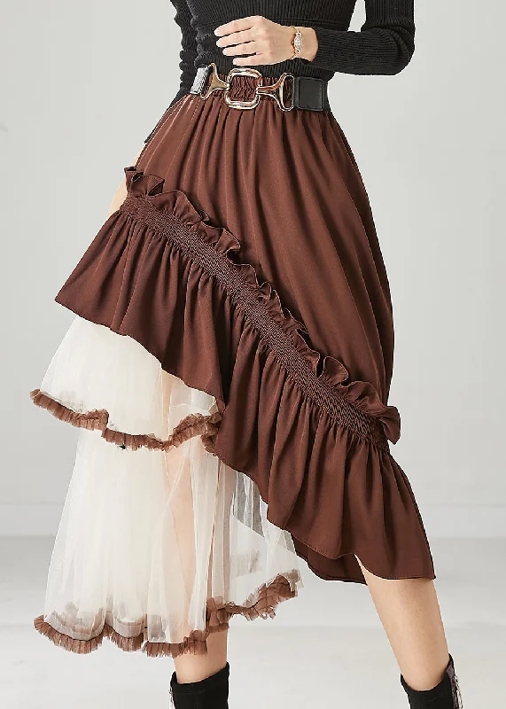 Chic Brown Asymmetrical Patchwork Ruffled Tulle Skirts Spring High-low unclassified skirts