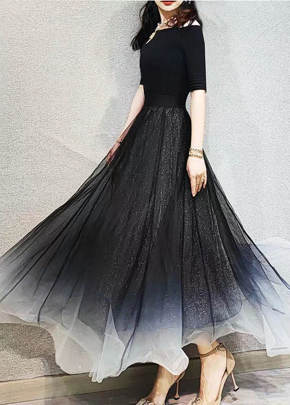 Chic Gradient Black Exra Large Hem Tulle Skirts Spring Pleated unclassified skirts