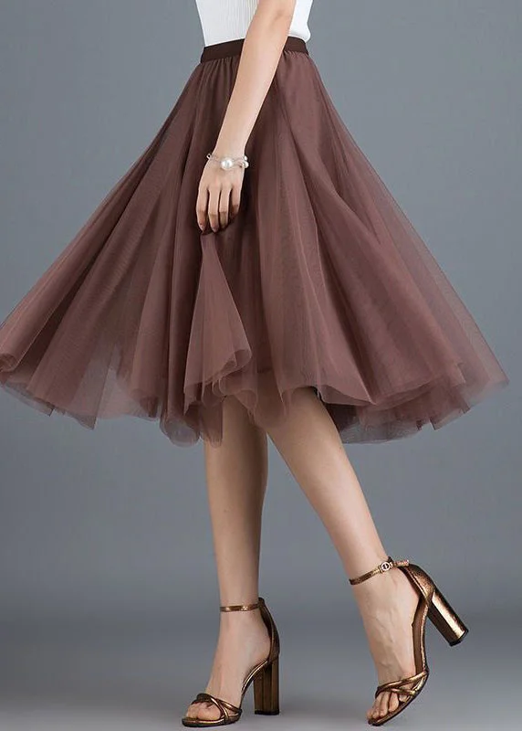 Fashion Brown High Waist Exra Large Hem Tulle Pleated Skirt Spring Cocktail unclassified skirts