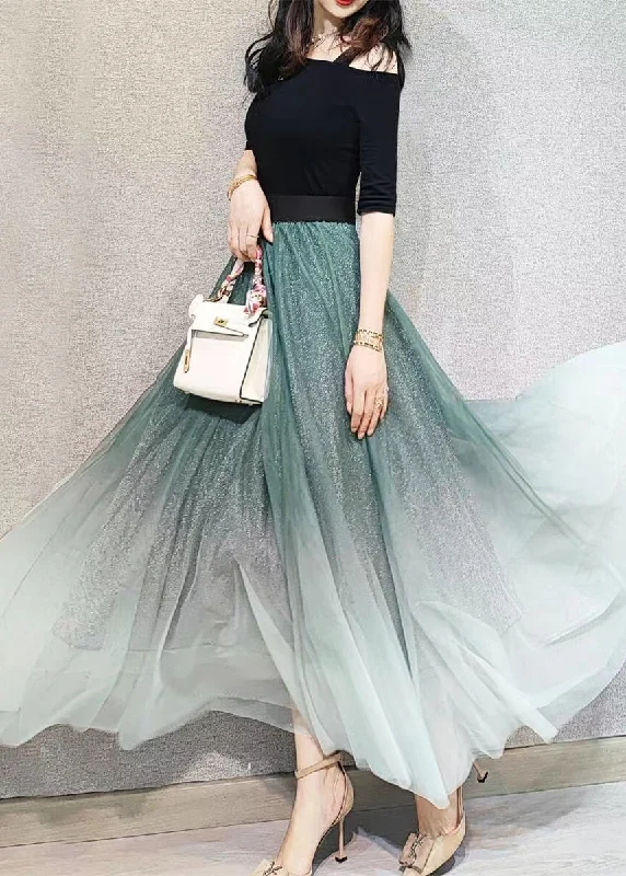 Green Gradient Elastic Waist Wrinkled Tulle Skirts Spring Boho unclassified skirts