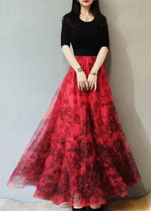 Plus Size Red Print High Waist Exra Large Hem Tulle Skirts Spring Casual unclassified skirts