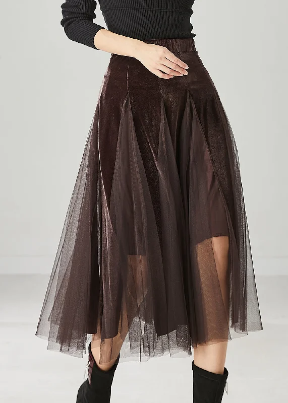 Vintage Brown Exra Large Hem Patchwork Tulle Silk Velvet Skirts Spring Metallic unclassified skirts