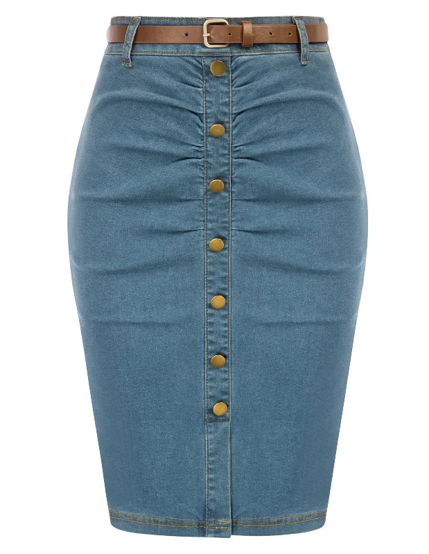 Vintage Jean Skirt with Belt High Waist Ruched Front Bodycon Skirt Trendy unclassified skirts