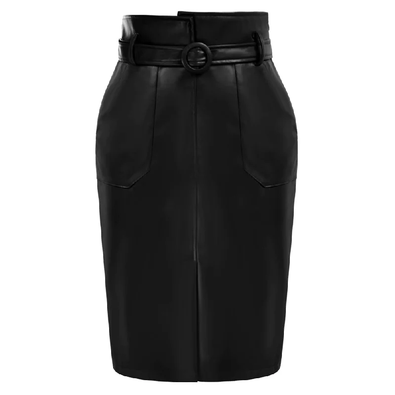 Vintage PU Leather Skirt with Belt High Waist Front Slit Bodycon Skirt= Affordable unclassified skirts