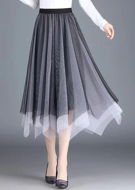 Women Black Grey Asymmetrical Wrinkled Tulle Skirt Spring Floral unclassified skirts