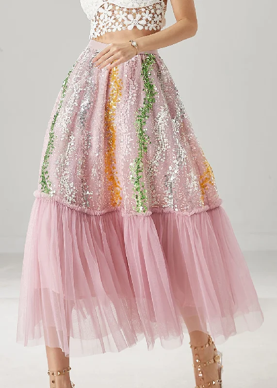 Women Pink Sequins Patchwork Tulle Skirts Spring Wrap unclassified skirts