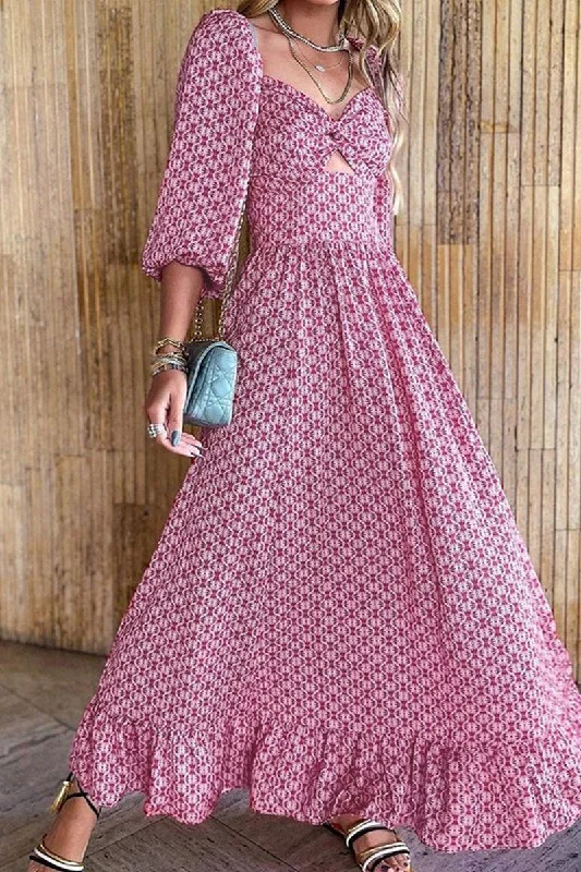 WOMEN BOHEMIAN PATTERN 3/4 SLEEVE BOHO LONG DRESS Tiered maxi dresses