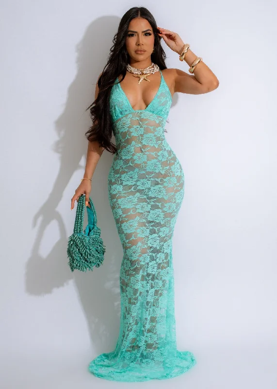 Ethereal Lace Enchantment Maxi Dress Green Leather maxi dresses