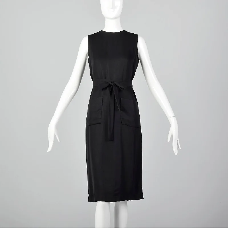 1960s Classic Little Black Dress Belted Sleeveless Shift with Patch Pockets Neutral tone unclassified dresses