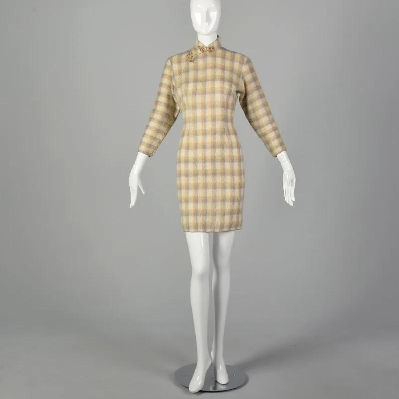 1960s Small Plaid Mohair Cheongsam Dress Sexy unclassified dresses