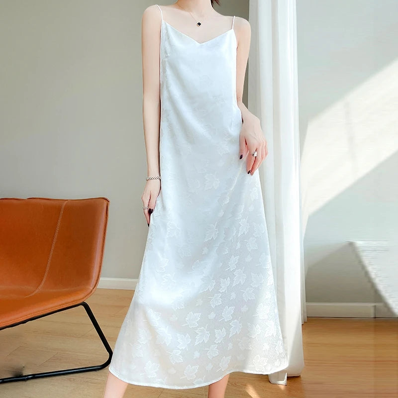 2024 Women's Summer Silk Satin Leaf Print High Waist Long Slip Dress Knitted floral dresses