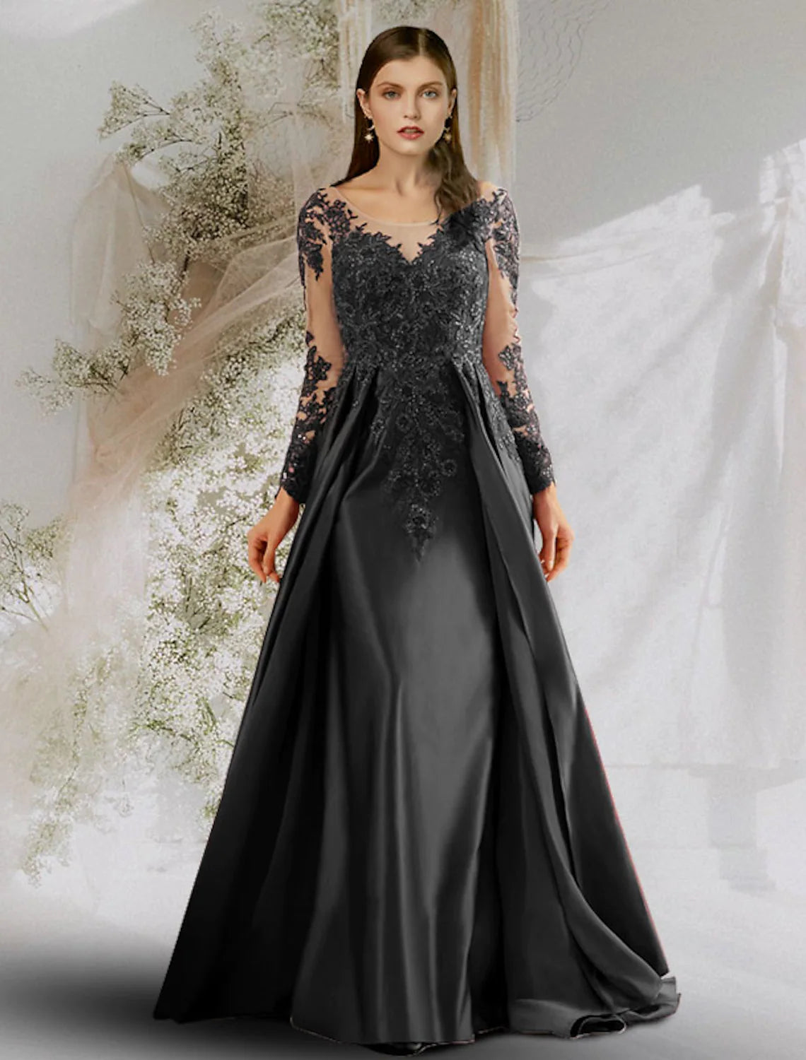 A-Line Beautiful Back Sexy Floral Prom Formal Evening Dress Boat Neck Long Sleeve Sweep / Brush Train Satin with Appliques Cottagecore floral dresses