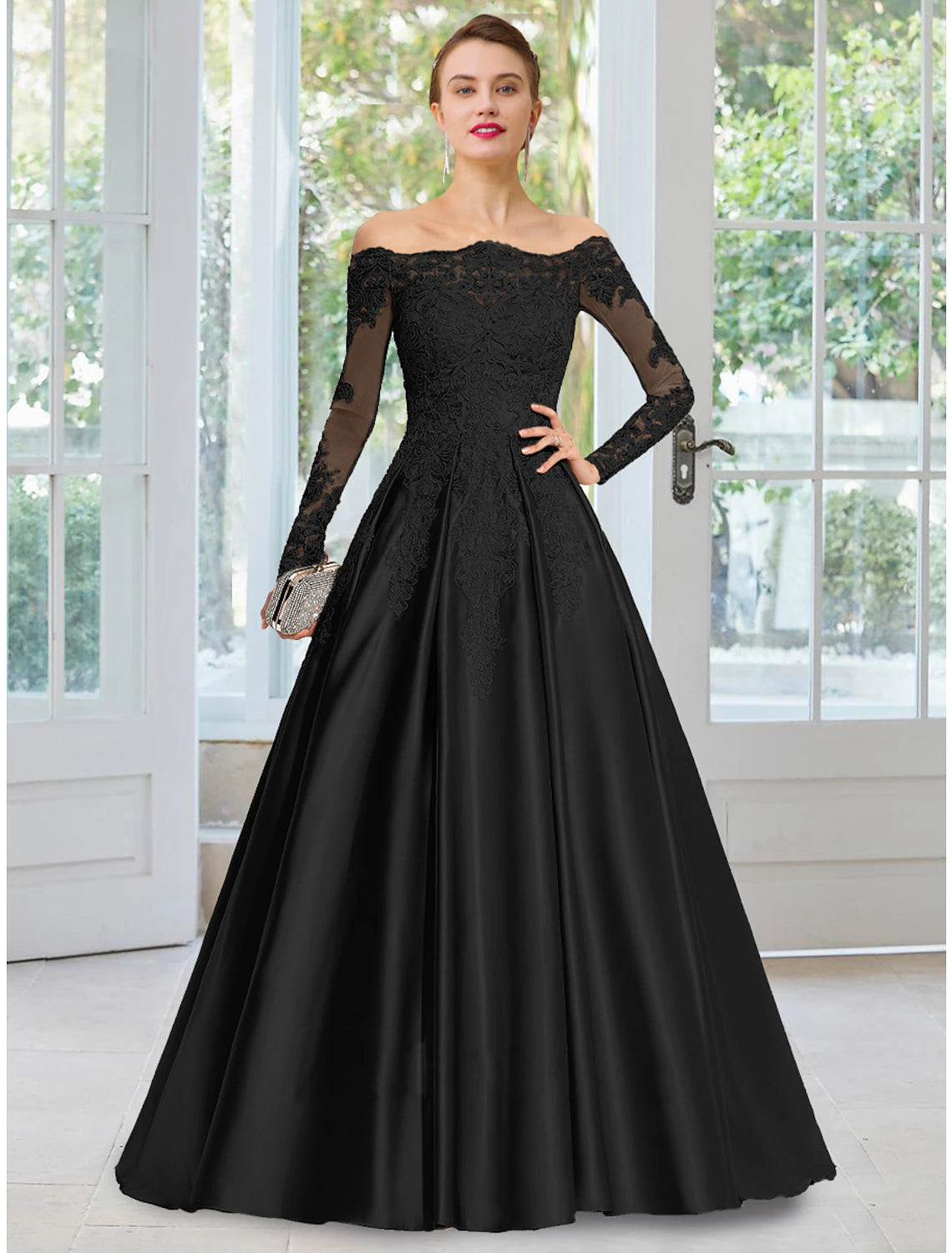 A-Line Evening Gown Floral Dress Formal Black Tie Court Train Long Sleeve Off Shoulder Lace with Appliques Sexy floral print dresses