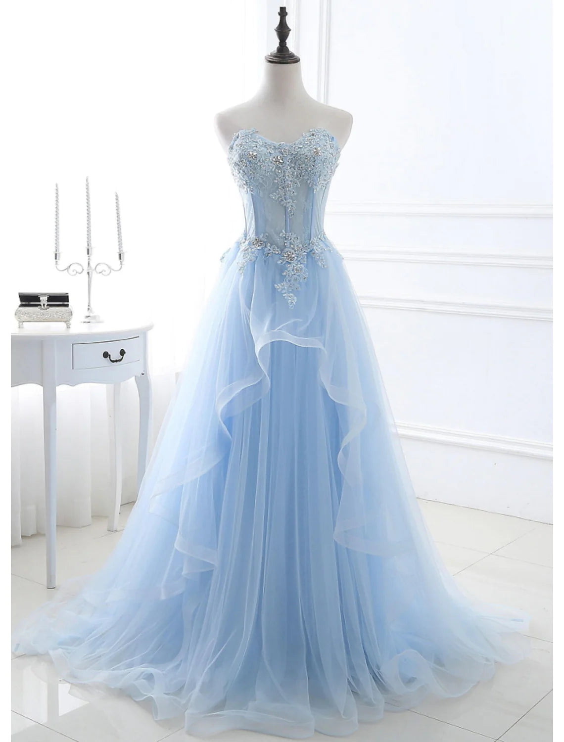 A-Line Sexy Floral Engagement Prom Birthday Dress Strapless Sleeveless Sweep / Brush Train Lace with Pleats Lace Insert Spring floral dresses