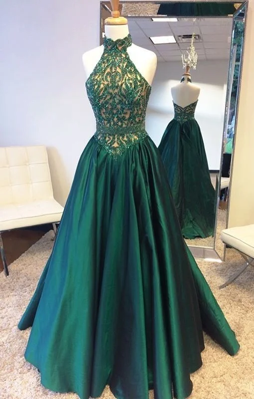 A line Sexy Open Back Halter Neckline Dark Green Prom Dress Silk unclassified dresses