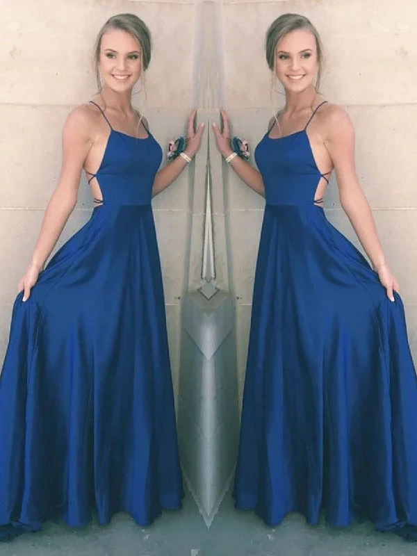 A Line Spaghetti Straps Backless Satin Royal Blue Prom Dresses, Royal Blue Formal Dresses, Graduation Dresses Preppy unclassified dresses