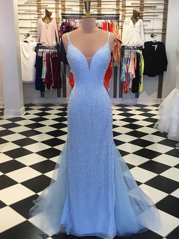 V Neck Mermaid Backless Light Blue Prom Dresses, Light Blue Formal Dresses Corset unclassified dresses