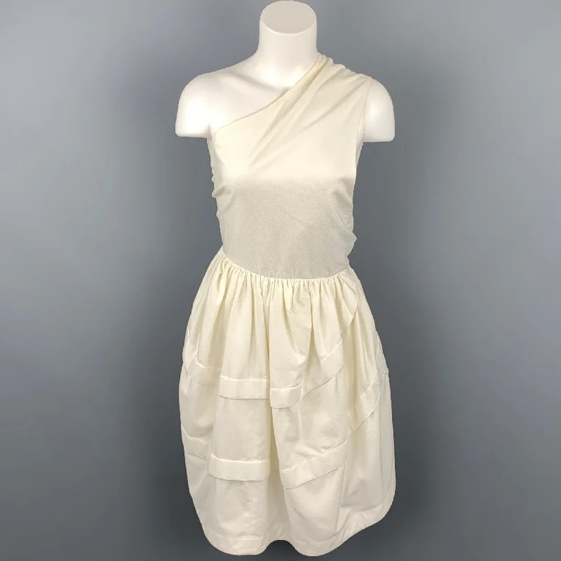 ALAIA Size S Cream Cotton Asymmetrical Fit & Flare One Shoulder Dress Smocked unclassified dresses