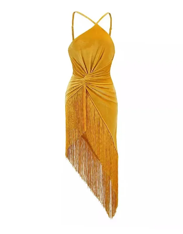 Asymmetrical Tassel Draped Velvet Dress In Yellow Denim unclassified dresses