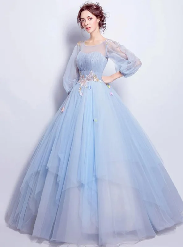 Ball Gown Elegant Floral Puffy Quinceanera Engagement Dress Illusion Neck 3/4 Length Sleeve Floor Length Tulle with Pleats Appliques Urban Outfitters floral dresses