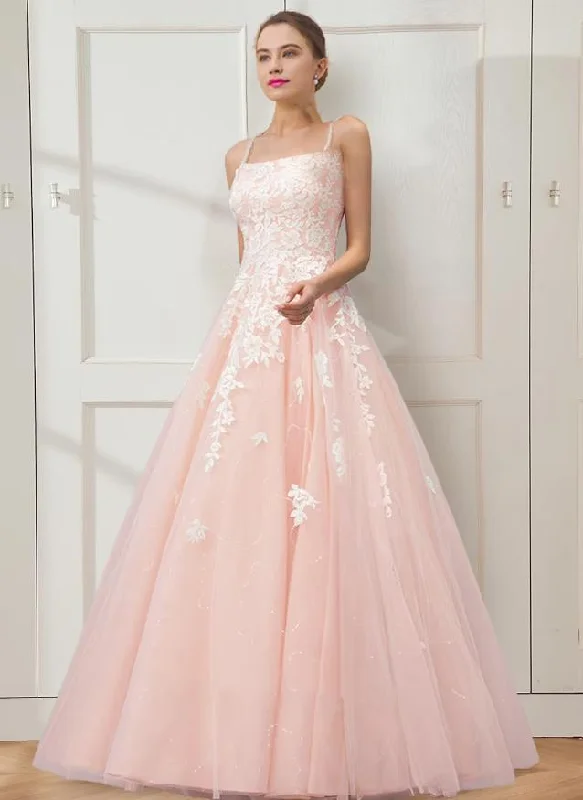 Ball Gown Prom Dresses Floral Dress Masquerade Floor Length Sleeveless Spaghetti Strap Tulle Crisscross Back with Embroidery Best floral dresses for hourglass body shape