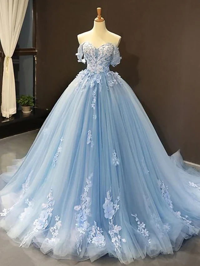 Ball Gown Prom Dresses Floral Dress Quinceanera Court Train Short Sleeve Sweetheart Lace with Pleats Appliques Edgy floral dresses