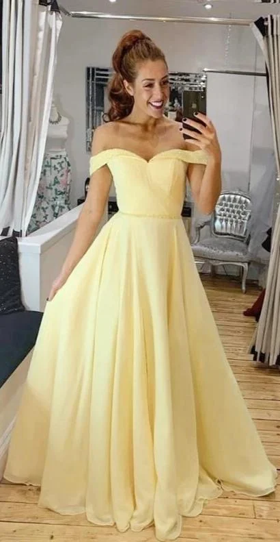 Beaded Off Shoulder Sleeve Yellow Prom Dress Earthy tone unclassified dresses