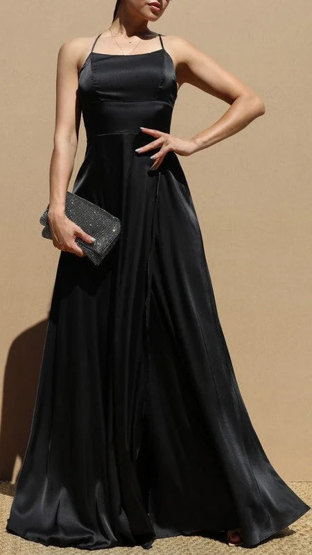 Black Satin Fit & Flare Gown Bold pattern unclassified dresses