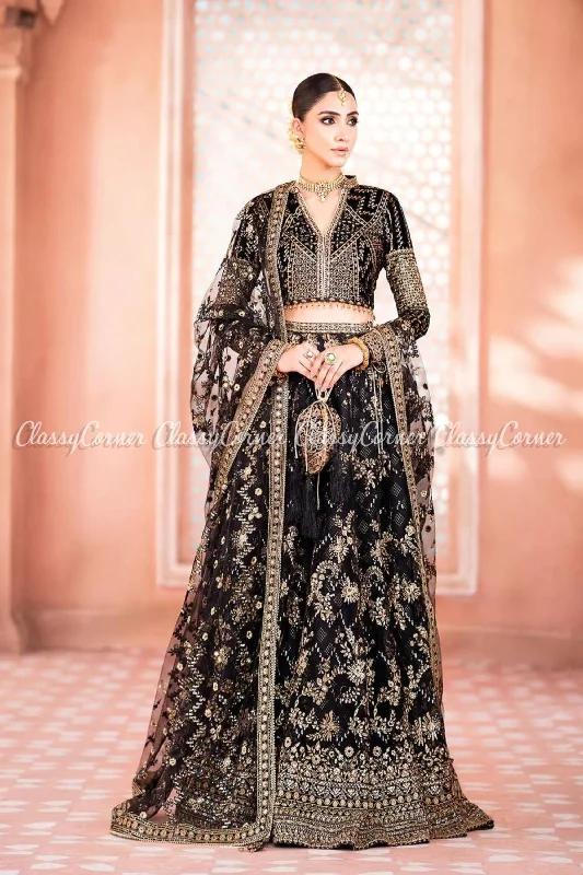 Black Golden Velvet Net Embroidered Lehenga Lounge unclassified dresses