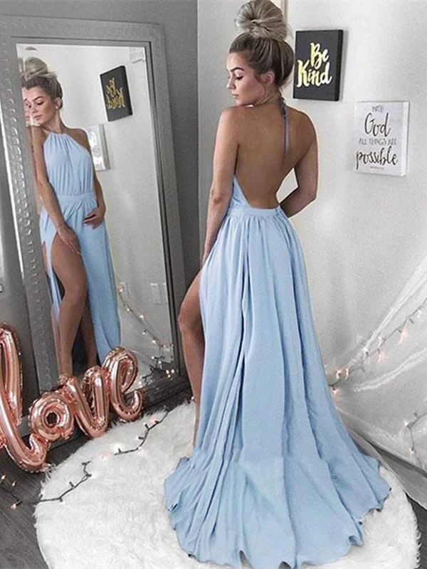 Blue Sexy A-Line Halter Neck Backless Prom Dress, Backless Formal Dress, Blue Evening Dress Y2K unclassified dresses