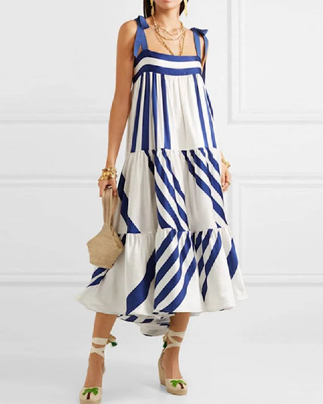 Blue Stripe Bow Strap Loose Dress Winter unclassified dresses