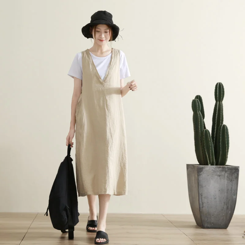 Khaki Vest Casual Summer  Women Linen Sleeveless Dresses G98401 Wrap unclassified dresses