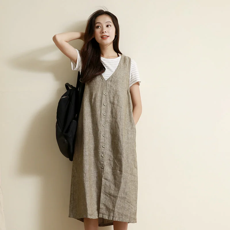 Summer Vest Dress Casual Button Down Women Linen Sleeveless Dresses GU98404 Lounge unclassified dresses