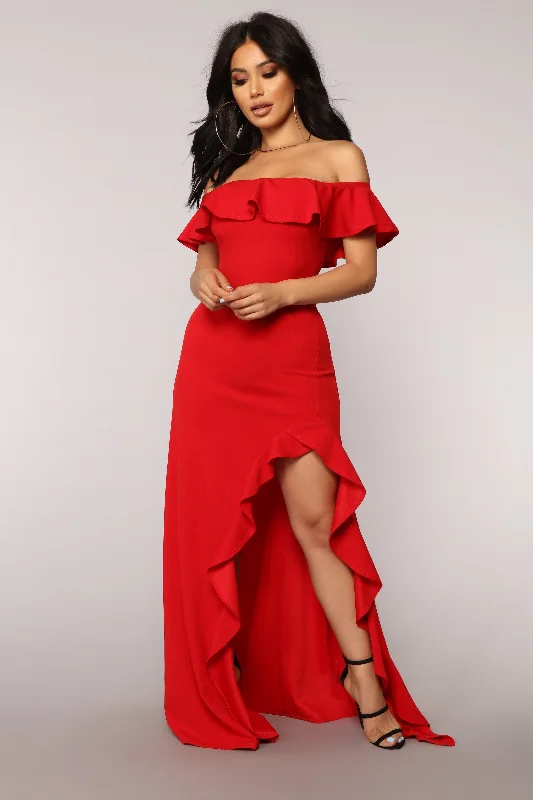 Chasin' Love Ruffle Dress - Red Denim unclassified dresses