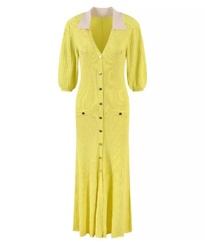 Collared Knit Button Down Dress In Yellow Long unclassified dresses