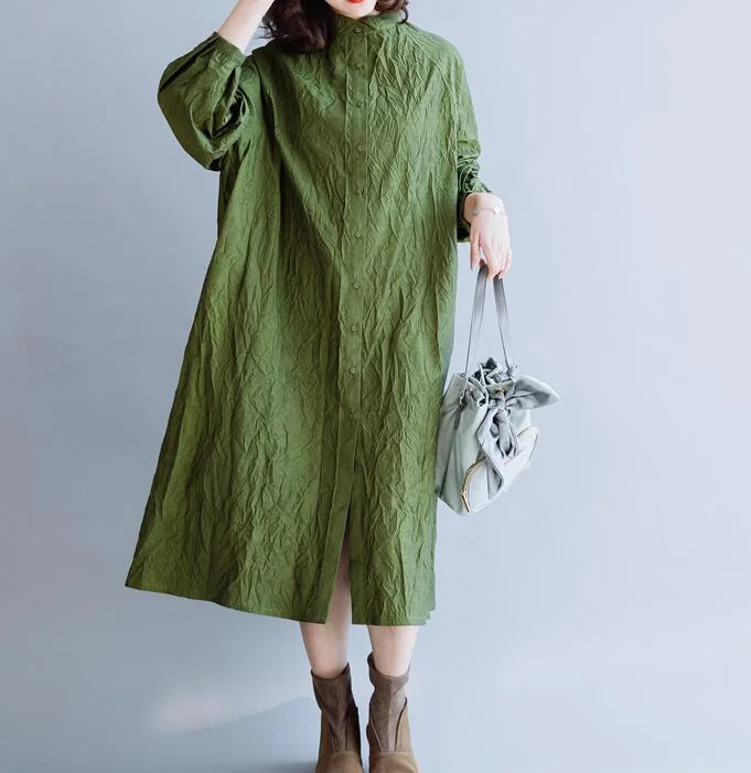 Wrinkled Green Loose Women Hooded  Linen Sleeve Spring Dresses Metallic unclassified dresses